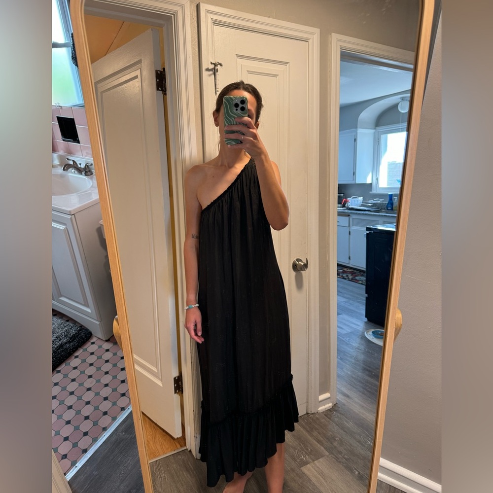Zara Studio Black Flowy One Shoulder Asymmetrical Dress Size XS